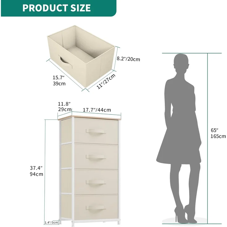 YITAHOME Kommode, 4 Stoffschubladen mit Griffen, Aufbewahrungsschrank, stoffkommode für Schlafzimmer, für Wohnzimmer, Flur, Büro, cremeweiß – Bild 3