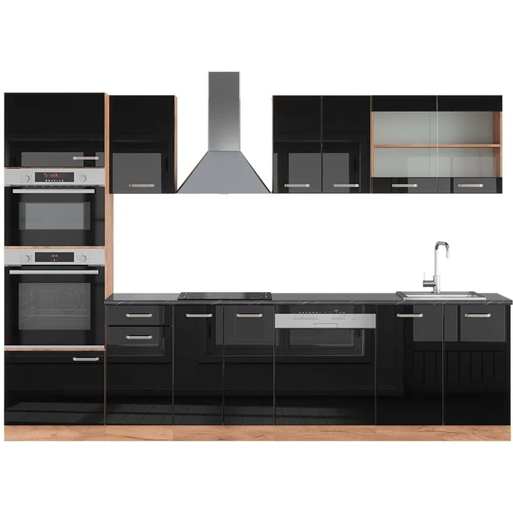 Küchenzeile R-Line Schwarz Hochglanz/Goldkraft Eiche 300 cm mit Hochschrank, AP Anthrazit Vicco – Bild 1