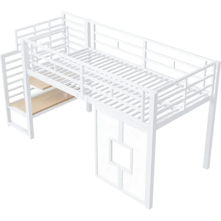 Hochbett mit LED-Streifen, Lattenrost, Rausfallschutz und Fenstern, Treppe mit Regal, 90x200 cm, Einzelbett, Kinderbett, Metall – Bild 6