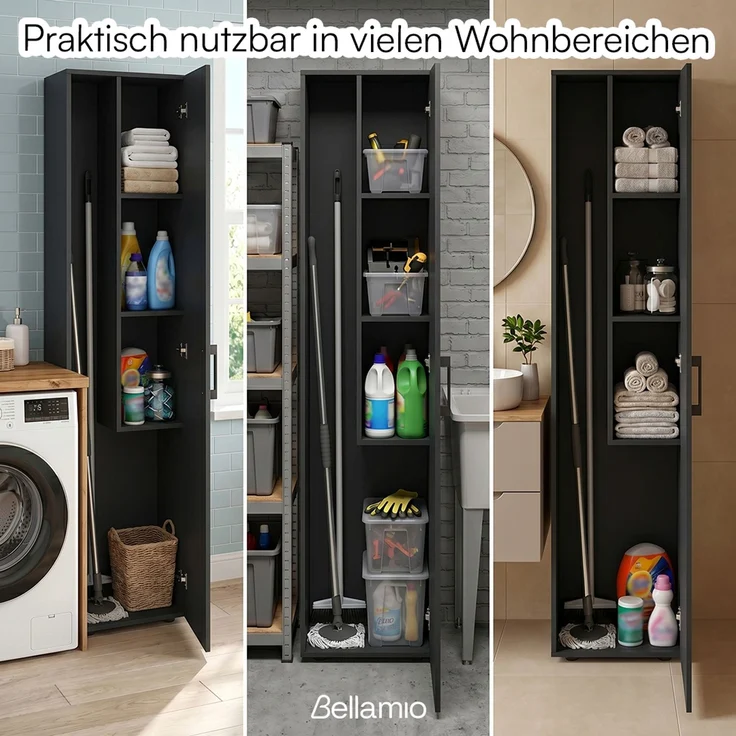 Bellamio 'Apol' Mehrzweckschrank schmal, schwarz, 176x33x40 cm, Besenschrank mit Staubsaugerfach und 3 kleinen Fächern – Bild 7