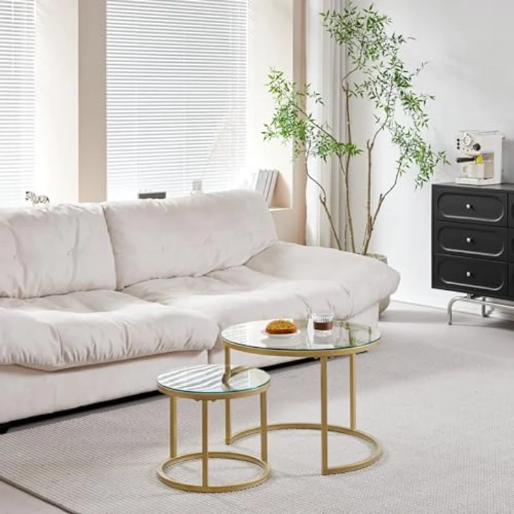 GrandCA HOME Couchtisch 2er Set,Stapelbarer Couchtisch, Couchtische Rund, Gehärtete Glasplatte, Vergoldete Metallbeine，Geeignet für Wohnzimmer, Esszimmer, Café（Ø60x45H cm，Ø40x35H cm） – Bild 3