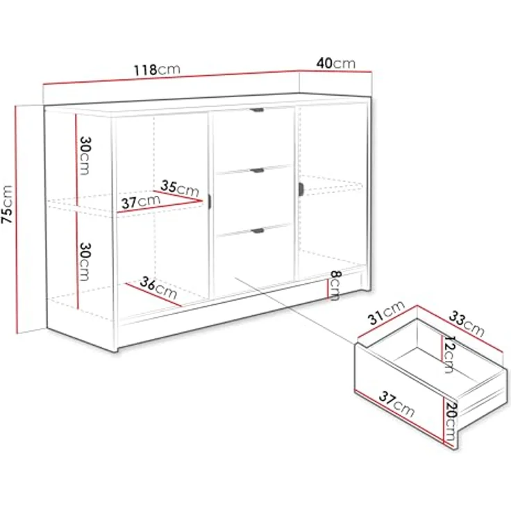 Mirjan24 Sideboard, Sand, Rechteckig, 3 Schubladen, Metall, 118x75x40 cm, für Wohnzimmer – Bild 3