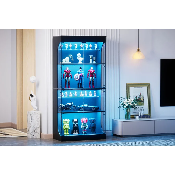 Vierstöckige Glasvitrine mit Stauraum, LED-Beleuchtung, Glastüren und intelligenten Sensoren, Als staubdichte Glasvitrine für Wohnzimmer, Schlafzimmer und Büros geeignet, Schwarz, 80*35*165cm--Schwarz--80x35x165cm--YOUDENOVA – Bild 5
