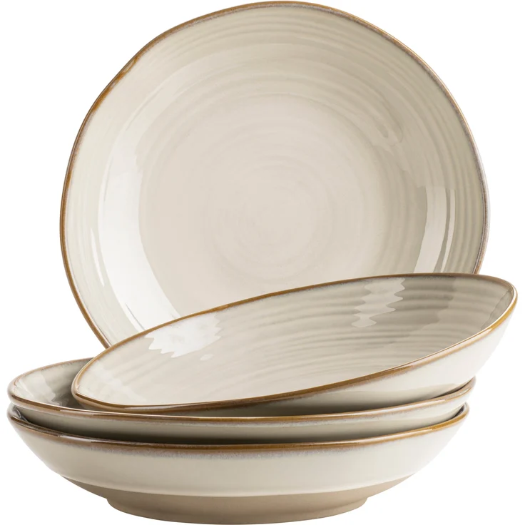 4er Suppenteller Set mit filigranem Linienspiel und edler Glasur, große tiefe Teller für Pasta und Suppen aus Keramik in modernem Vintage Look; Beige – Bild 1