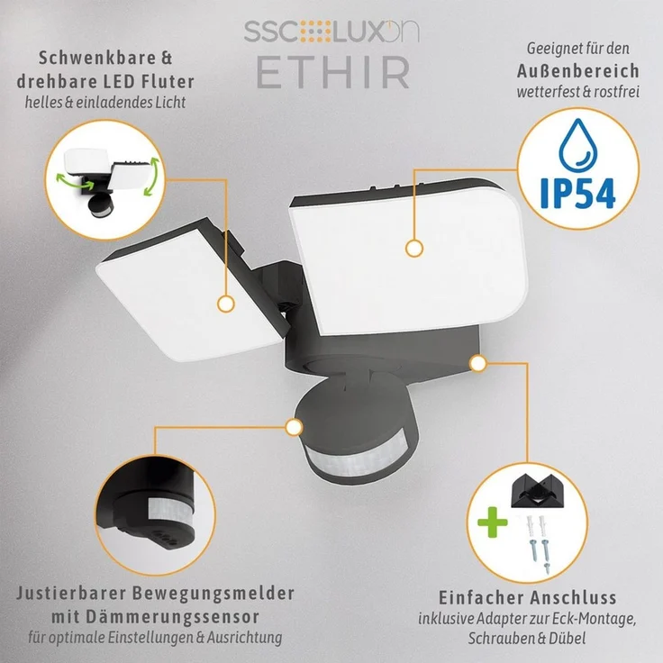 SSC-LUXon LED Außen-Wandleuchte ETHIR Außenwandleuchte mit Bewegungsmelder IP54 neutralweiß LED 230V, Neutralweiß – Bild 2