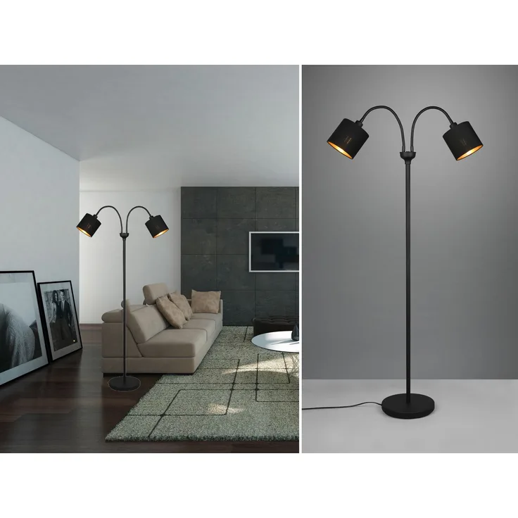 LED Stehleuchte 2 flammig, Stoffschirme Schwarz Gold, Höhe 130cm