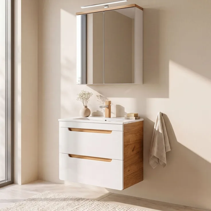 Badezimmer Waschplatz mit 61 cm Keramikwaschtisch LUTON-56 Hochglanz weiß mit Wotan Eiche Nb, B/H/T ca. 60/200/46 cm