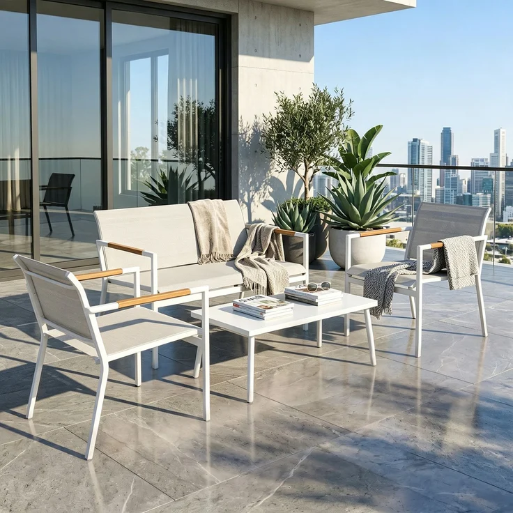 Wohnora-Gartenmöbel Set Sitzgruppe für 4 Personen Atmungsaktiv Gartenlounge mit 2er Sofa 2 Sessel Metall-Tisch Fußpads,H 77cm x T 106cm x B 705cm,Cremeweiß – Bild 4