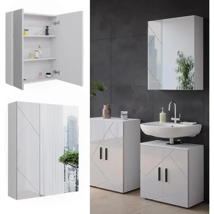 Badspiegelschrank Irma Weiß/Weiß Hochglanz 60 x 75 cm Vicco – Bild 5