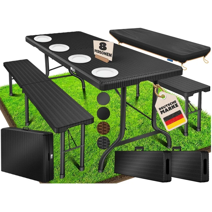 Kesser® Bierzeltgarnitur 3-teilig, klappbar, Polyrattan, 73 x 75 x 180 cm, Schwarz – Bild 5