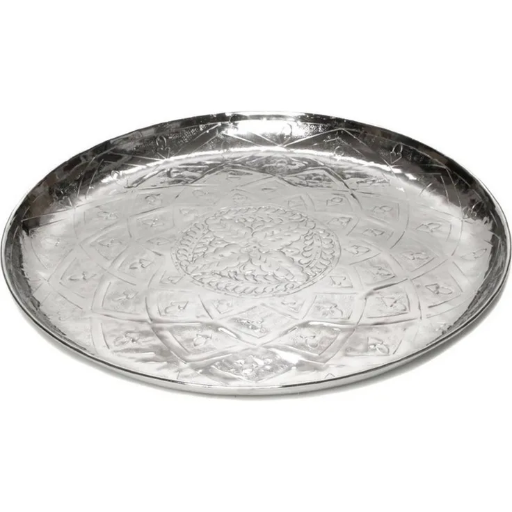 Brillibrum Dekotablett Serviertablett Alumium Silber Rund Orientalisch Deko-Tablett
