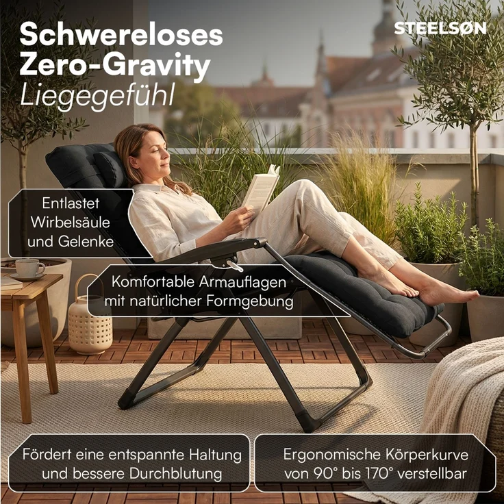 STEELSØN 'Lysira' Liegestuhl, klappbar & wetterfest, schwarz, Sonnenliege mit extra dicker Polsterauflage, verstellbarer Gartenstuhl, bis 200 kg belastbar – Bild 3