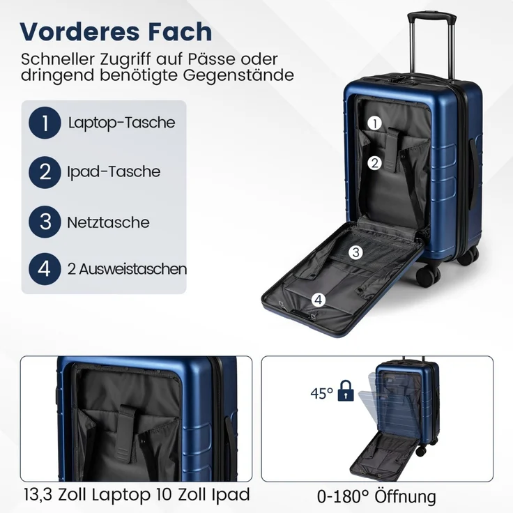 Erweiterbarer Reisekoffer leichter PC-Hartschalenkoffer 20 Zoll Flugzeugtaugliches Rollgepäck Marineblau SH429 – Bild 3