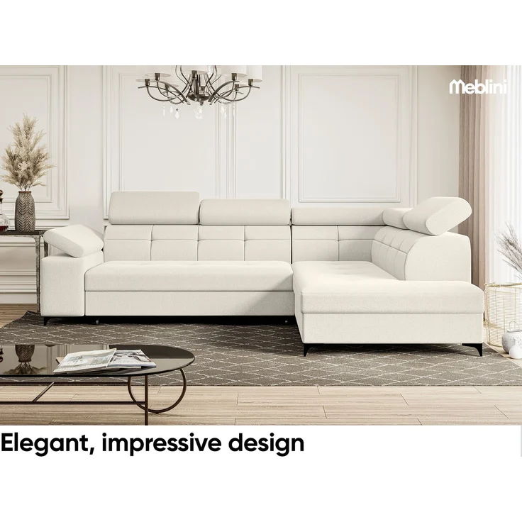 MEBLINI Schlafcouch mit Bettkasten - Ecksofa mit Schlaffunktion - Sofa mit Relaxfunktion - Couch L-Form - Eckcouch - Wohnlandschaft - BERGAMO - 274 x 203 x 83 cm Rechts - Creme Samt Modesto – Bild 3