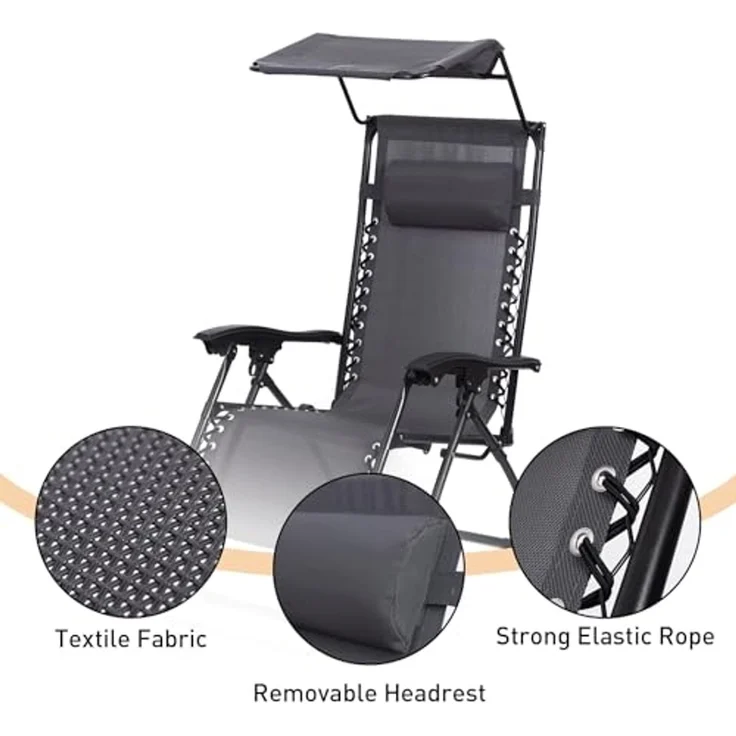 Todeco Liegestuhl klappbar mit Sonnenschutz, Sonnenstuhl mit abziehbare Kissen, Max Belastbarkeit 100kg, Strandliegestuhl leicht, Grau – Bild 4