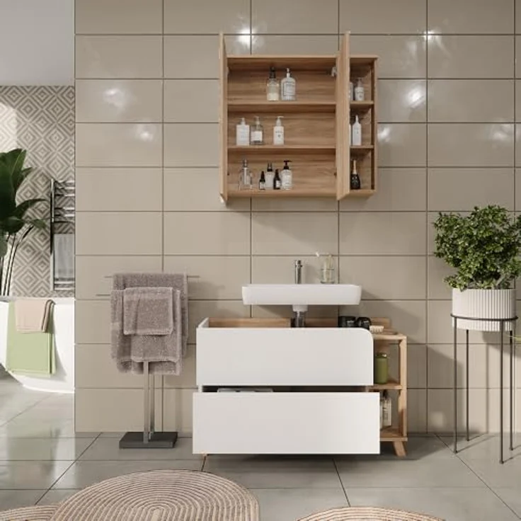 Vichy Badmöbel-Set Karen, 2-teilig, Waschbeckenunterschrank und Spiegelschrank, Sonoma/Weiß, hochwertige Verarbeitung – Bild 7