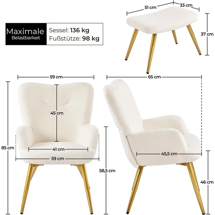 Yaheetech Sessel Ohrensessel mit Hocker aus Boucle-Gewebe, Relaxsessel mit Fußstütze, Loungesessel mit Klappbarer Rückenlehne, Fernsehsessel für Wohnzimmer/Schlafzimmer Elfenbein – Bild 3