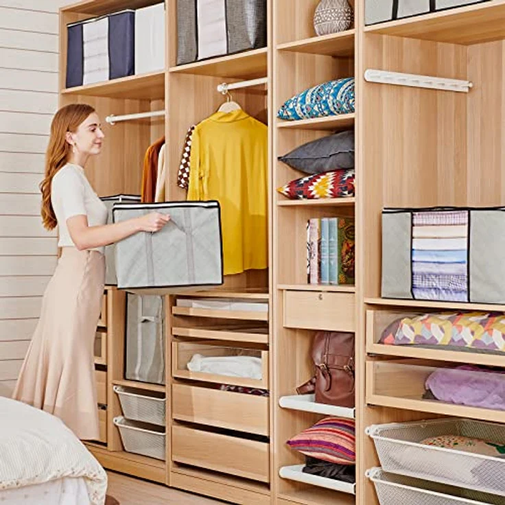 GoMaihe 90L Aufbewahrungstasche 10 Stück, Aufbewahrungsbox mit Deckel Groß Verstärkte Griffe, Kleidung Umzugskartons für Bettdecken, Unterbett Aufbewahrung Kleiderschrank Boxen Organizer Grau – Bild 2