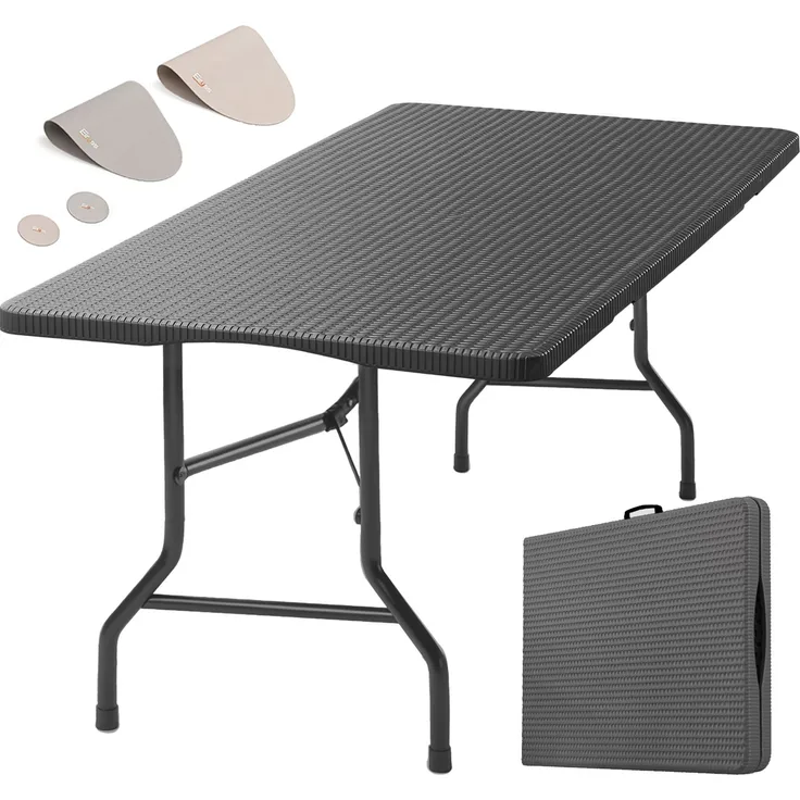 Eiryss Klapptisch 180cm Schwarz Rattan-Optik HDPE – Tragbarer Gartentisch mit 3 Sicherheitsverriegelungen, Camping & Picknick, 150kg