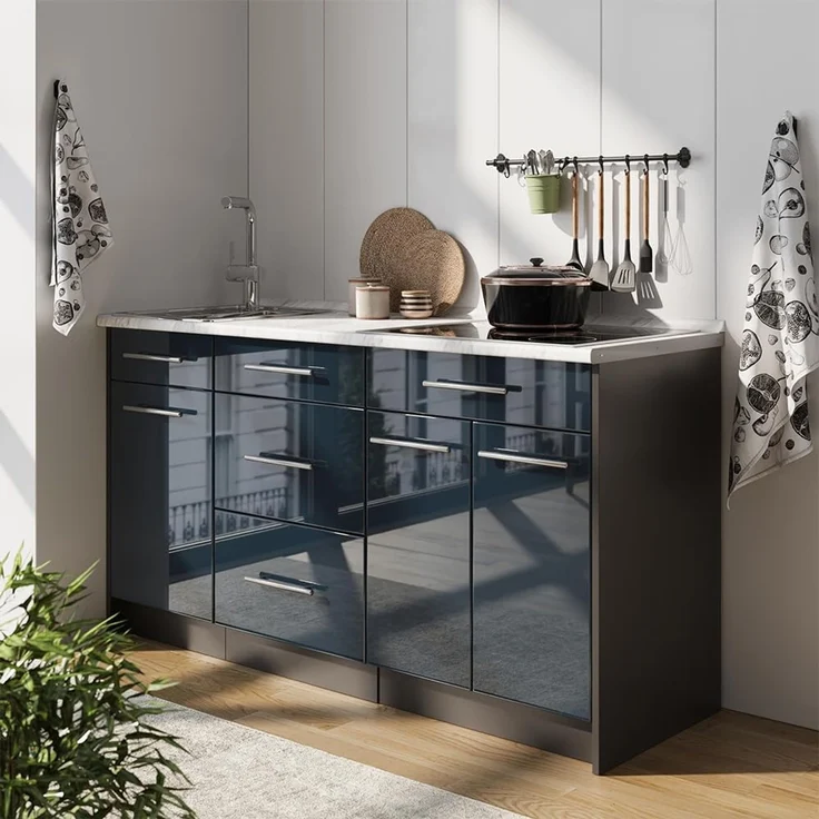 Küchenblock Fame-Line Dunkelblau Hochglanz 150 cm, AP Eiche Vicco – Bild 2