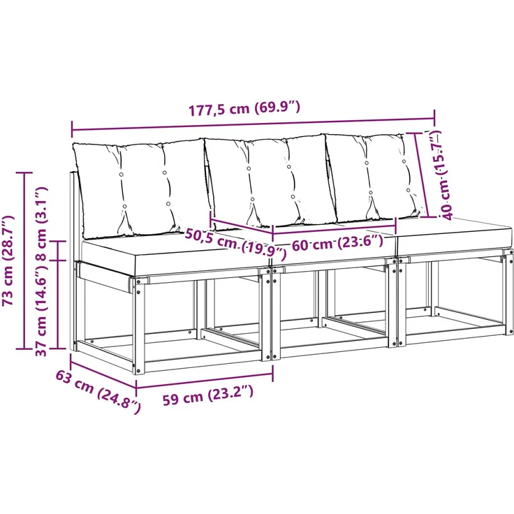 vidaXL Outdoor Mittelsofa 3 stk. 3-Sitzer 900612 – Bild 12
