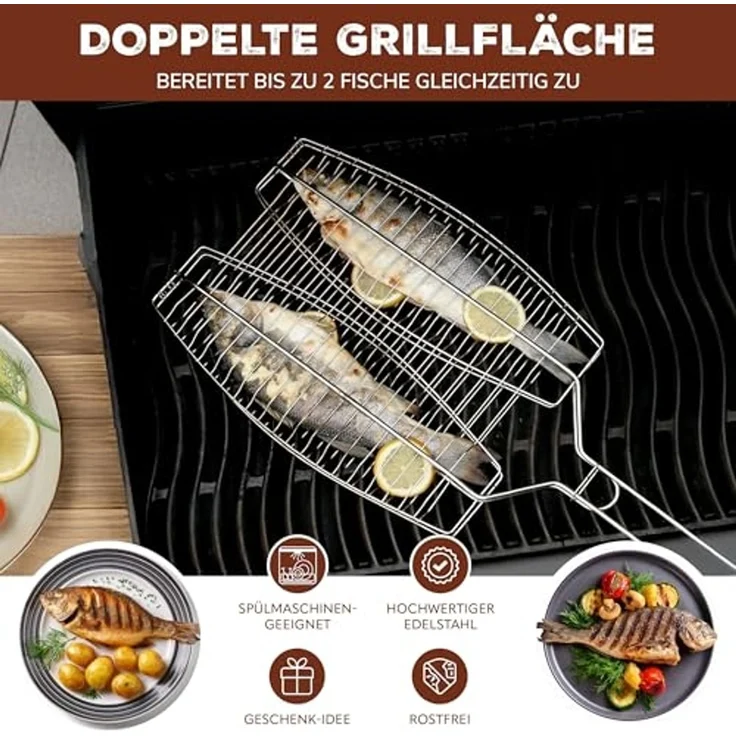 bremermann Grillguthalter Fischgriller 2fach // Edelstahl // ca. 65 x 26,5 cm // Fischbräter – Bild 2