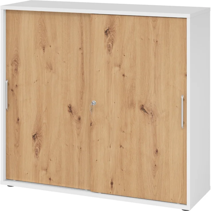 bümö Schiebetürenschrank 3OH - Aktenschrank abschließbar, Sideboard Schrank mit Schiebetüren in Weiß/Asteiche, Relinggriff - Büroschrank aus Holz mit Schiebetür, Büro Kommode für Ordner & Co, 1753S-W-R-RE – Bild 1