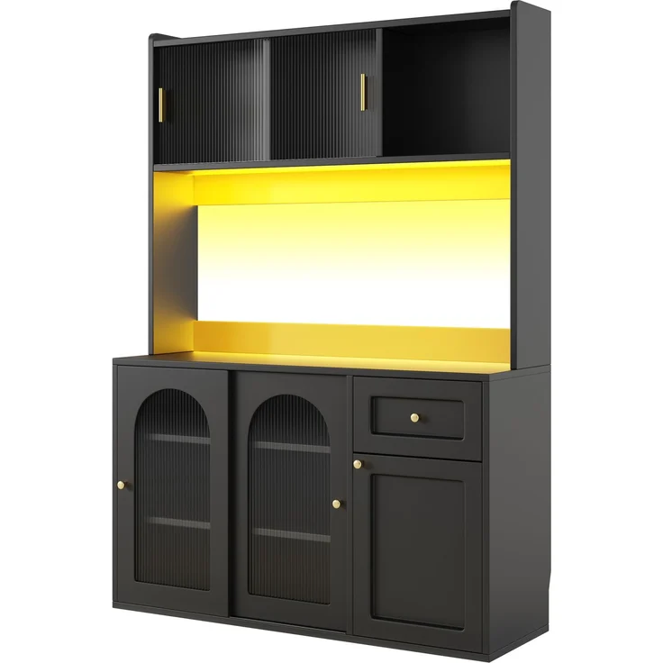 Merax Küchenschrank, Hochschrank, Vitrinenschrank, Buffetschrank mit Verstellbaren Ablagen, Esszimmerschrank, Sideboard mit LED-Beleuchtung, schwarz – Bild 9