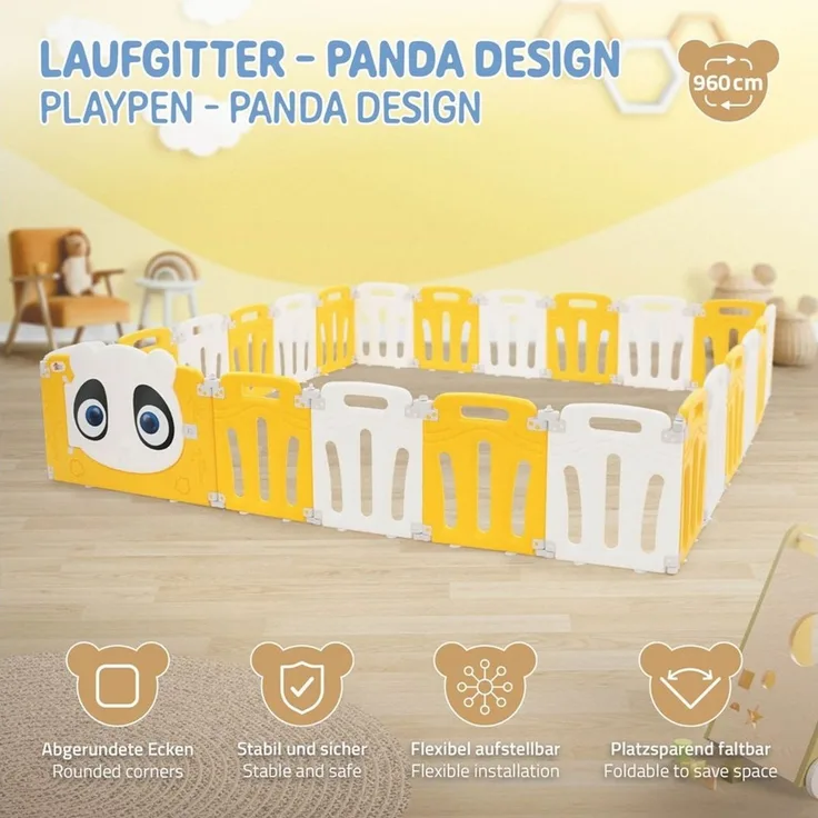 Joyz Laufgitter Laufstall Baby Krabbelgitter faltbar Absperrgitter Zaun Babygitter, Kinderlaufstall 240×240 cm Weiß-Gelb Schutzgitter mit Tür und Lernuhr