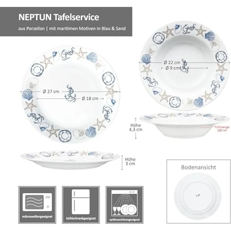 MamboCat Tafelservice Neptun 12tlg Tafelservice Porzellan 6 Pers Speiseteller Suppenteller, Porzellan – Bild 6