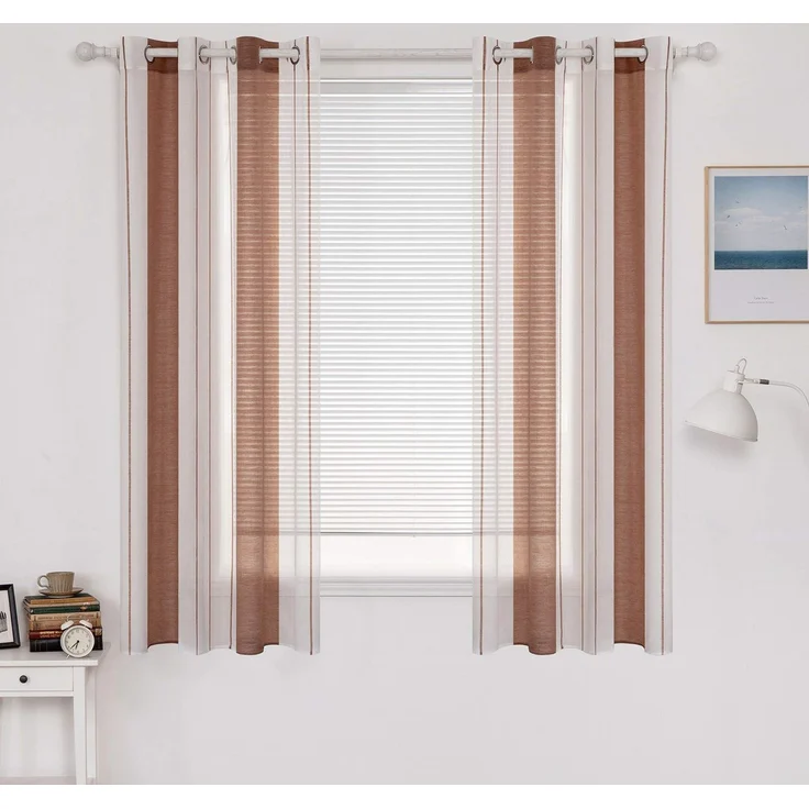 MIULEE Voile Gardinen Braun-Weiß mit Ösen 2er Set 140x175 cm | Halbtransparenter Voile mit Streifenmuster für Wohnzimmer, Schlafzimmer und kleine Fenster.