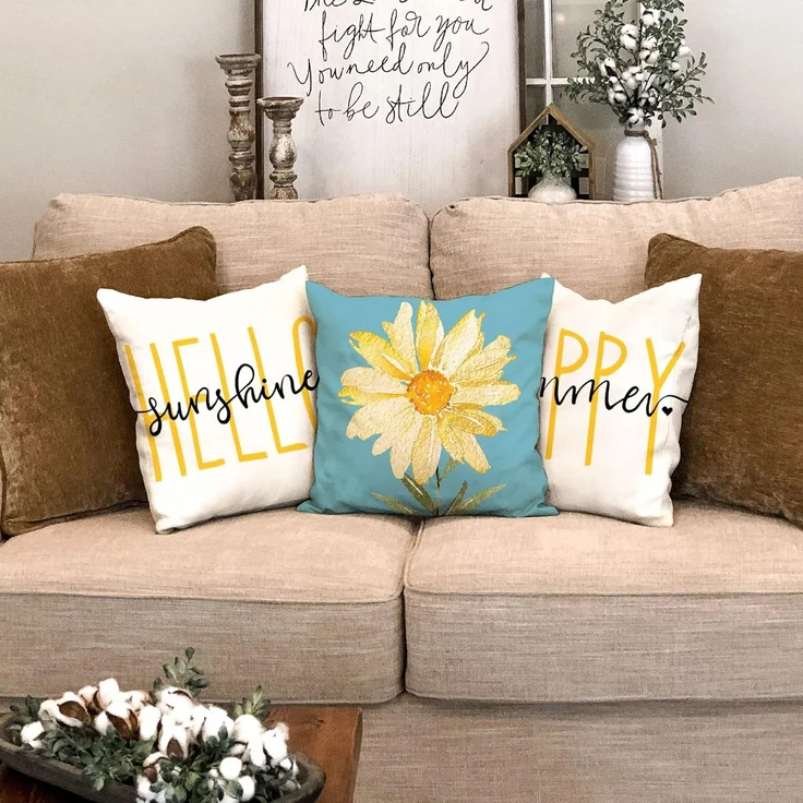 Sommer Kissenbezüge 45×45 cm 4er-Set Blaue Gänseblümchen, “Hello Sunshine”, Outdoor Couch Kissen – Bild 3