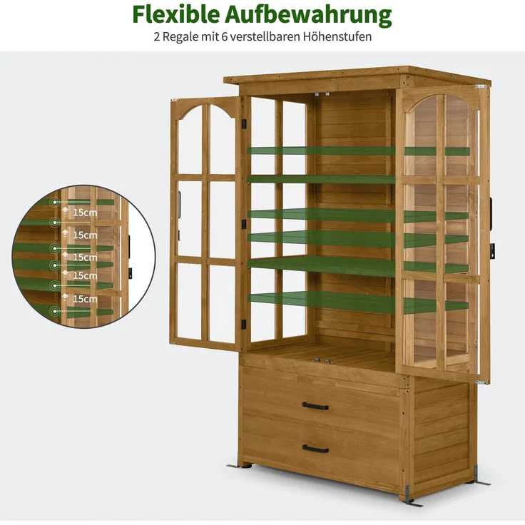 M MCombo Gartenschrank Gartenhaus Holz Wetterfest, Geräteschrank Gerätehaus Outdoor, für Außenbereich Balkon Terrasse, Gartenhütte mit 2 Bewegliche Regale, 58×107×180 cm, 1155 (Natur) – Bild 4