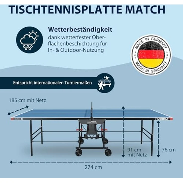 HUDORA Tischtennisplatte Match, witterungsbeständige Melaminharzplatte mit 5 mm Stärke, klappbar und mit Ball- und Schlägerhalter – Bild 2