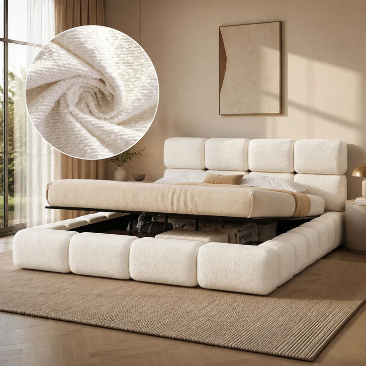 Polsterbett, Doppelbett, 200 x 200 cm, hydraulisch verstellbares Bett, Wolkenbett, Stauraumbett, Bubble-Design, mit Lattenrost, Kopfteil und großem Stauraum, gepolstertes Kopfteil, weißer Schlingenveloursstoff. – Bild 1