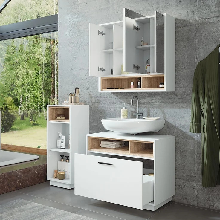 Badmöbel-Set Beatrice Weiß/Sonoma 3 Teile mit Midischrank Vicco – Bild 4