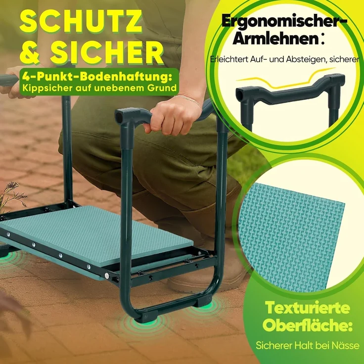 Sekey Höhenverstellbare Kniebank für Gartenarbeit Belastbarkeit 180KG, Gartenhocker Klappbar mit Werkzeugtaschen, Knie Komfort Garten, Grün – Bild 5
