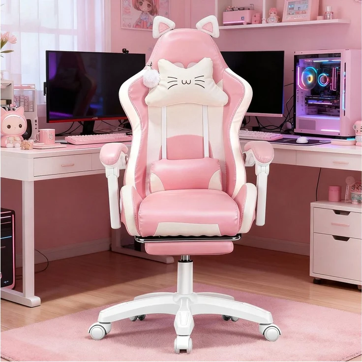 oyajia Gaming-Stuhl Bürostuhl Ergonomisch mit Kopfstütze und Katzenohren, PU-Leder (Gamer Stuhl, Racing Computerstuhl PC Stuhl mit Fußstütze Kopfstütze, 1 St), 115-125cm verstellbare Sitzhöhe, mit Lendenwirbelstütze – Bild 2