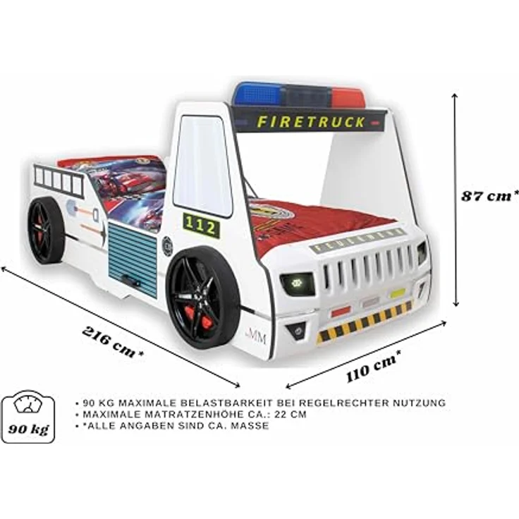 Autobett Kinderbett 90x200 Feuerwehrbett "Rio Firetruck" Hochglanz mit LED Leuchte Weiß – Bild 3