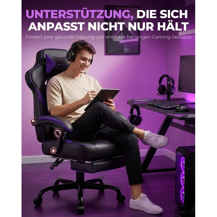 GTPLAYER Gaming Stuhl mit Fußstütze, Ergonomischer Bürostuhl 180kg, Schwerlast Gaming Sessel mit Lendenwirbelstütze und Kopfstütze, Höhenverstellbarer Computerstuhl, Gepolstert, neigbare 155°, Lila – Bild 3
