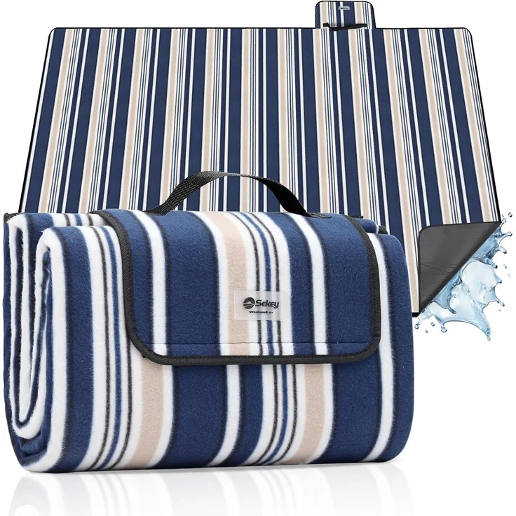 Sekey Picknickdecke Wasserdicht 200x300 cm, sandfeste Strandmatte, PEVA-Wasserdichter Untergrund, Stranddecke Tragbare Faltbar Gepolstert, für Outdoor-Camping Strand und Wiese, Blau-Weiß-Beige Streifen
