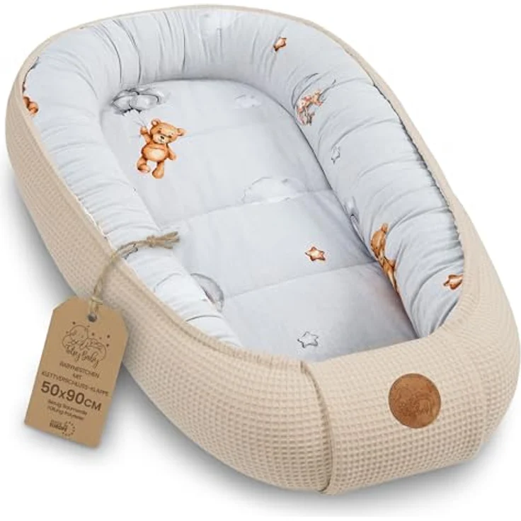 Babynest Neugeborene Nestchen Baby - 90x50 cm Kokon Handmade zweiseitig aus Waffel Piqué Baumwolle Schlummer Teddybären B – Bild 2
