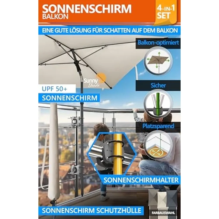 4smile Sonnenschirm Balkon SunnyShade, 200x125 cm, Beige - UPF 50+ Sonnenschirm rechteckig als Sonnenschutz Balkon - SunnyEasy Balkon-Schirm mit 2 x Sonnenschirmhalter + Sonnenschirmhülle – Bild 2
