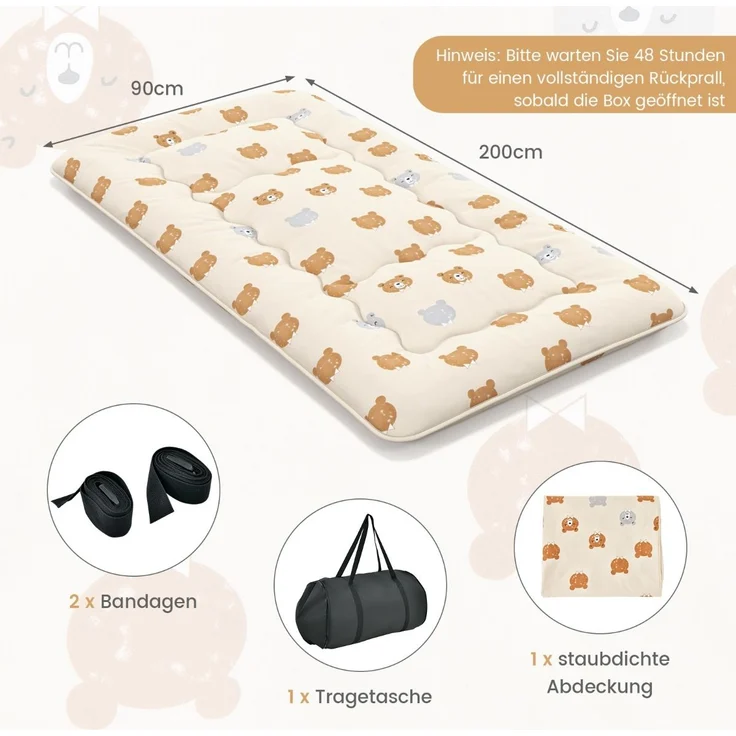 90 x 200 cm Japanische Futon Matratze mit Waschbarem Bezug & Tragetasche Tatami-Matte Braunbär – Bild 2