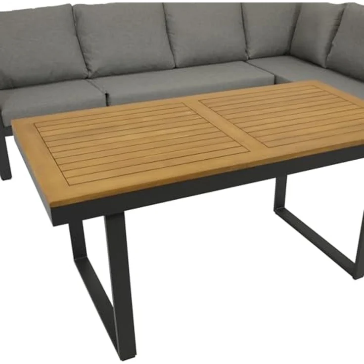 DEGAMO Garten-Essgruppe KAMPALA, (2-tlg, 1x Eckbank mit Polstern, 1x Tisch 70x140cm), Aluminium anthrazit, Oberflächen Akazie, wetterfest – Bild 5