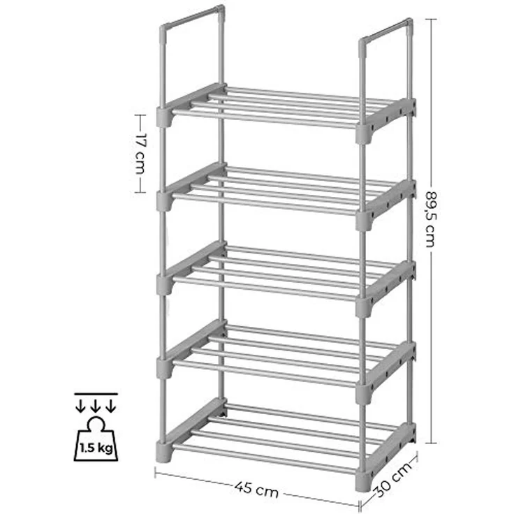 Songmics Schuhregal mit 5 Ebenen, offener Schuhschrank hoch, Schuhständer schmal, Schuhaufbewahrung, aus Metall, platzsparend, für Ankleidezimmer, Flur, 30 x 45 x 89,5 cm, grau LSA005G02 – Bild 3