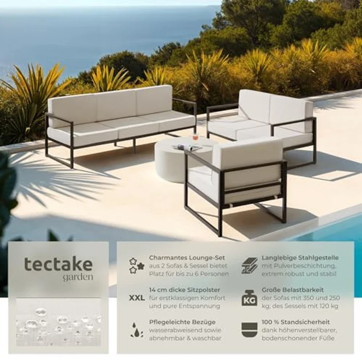 tectake Essgruppe Garten-Loungeset, (Set, 3-tlg), Pulverbeschichtete Stahlgestelle für maximale Stabilität – Bild 5