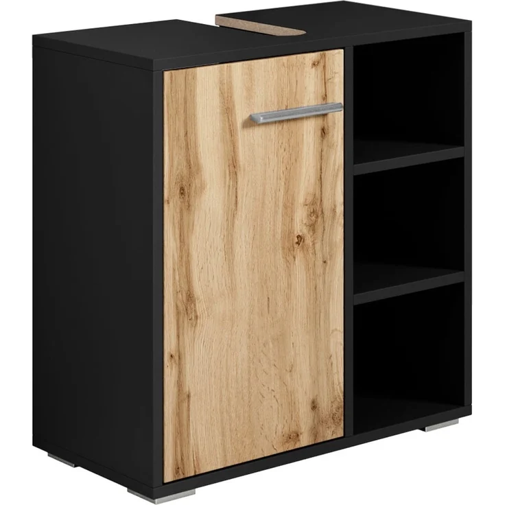 Badplaats Waschbeckenunterschrank Neptunus 60x30 cm Schwarz Matt mit Eiche - Stehender Badezimmerschrank mit 1 Tür und offenen Fächern – Bild 1