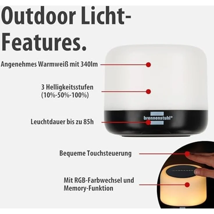 Brennenstuhl Akku Solar LED Outdoor Leuchte RGB GL 100 ASR (Campinglampe IP44 mit 340lm, 10%-50%-100% warmweiß – RGB Farbwechsel, bis zu 85h Leuchtdauer, Powerbank, austauschbarer Li-Ion Akku, USB C) – Bild 4