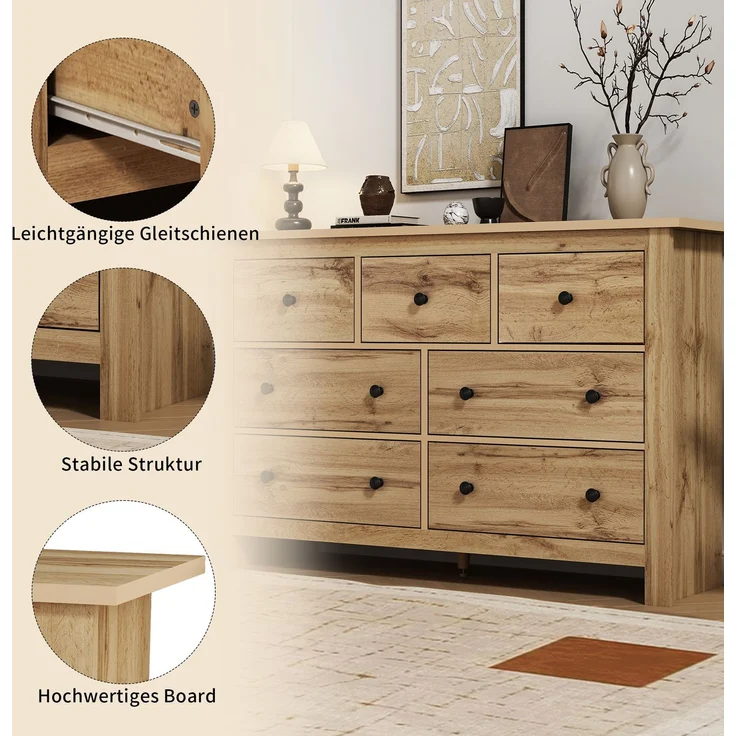 DESVIAE Sideboard mit 7 Schubladen, 152x89x40 cm, aus Spanplatte, Holzfarbe – Bild 5